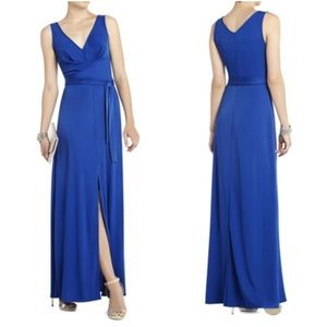 BCBGMaxAzria Full Length Sleeveless V-Neck Faux Wrap “Mae” Dress in Royal Blue